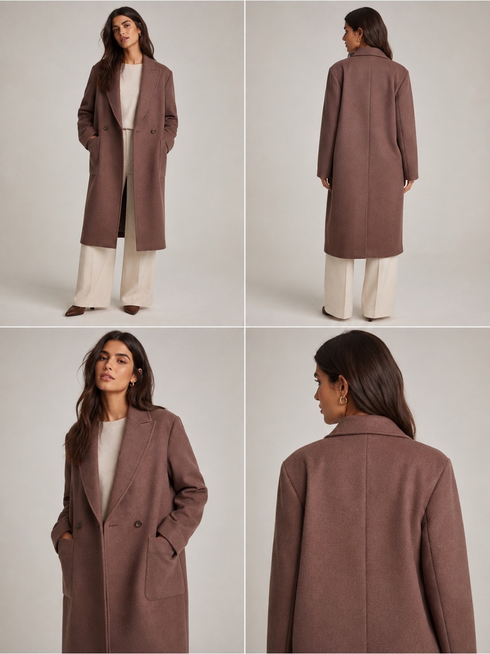 Long Twill Coat Mauve Brown Double Breasted Overcoat Patch Pockets XL-P